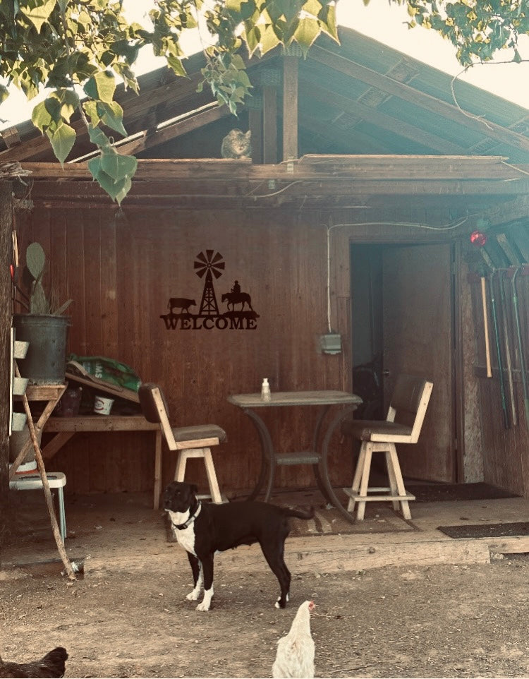 Cowboy Western Welcome Sign With Windmill And Cow On Barn