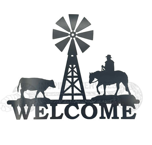 Western Cowboy Welcome Sign With Windmill And Cow Steel Sign